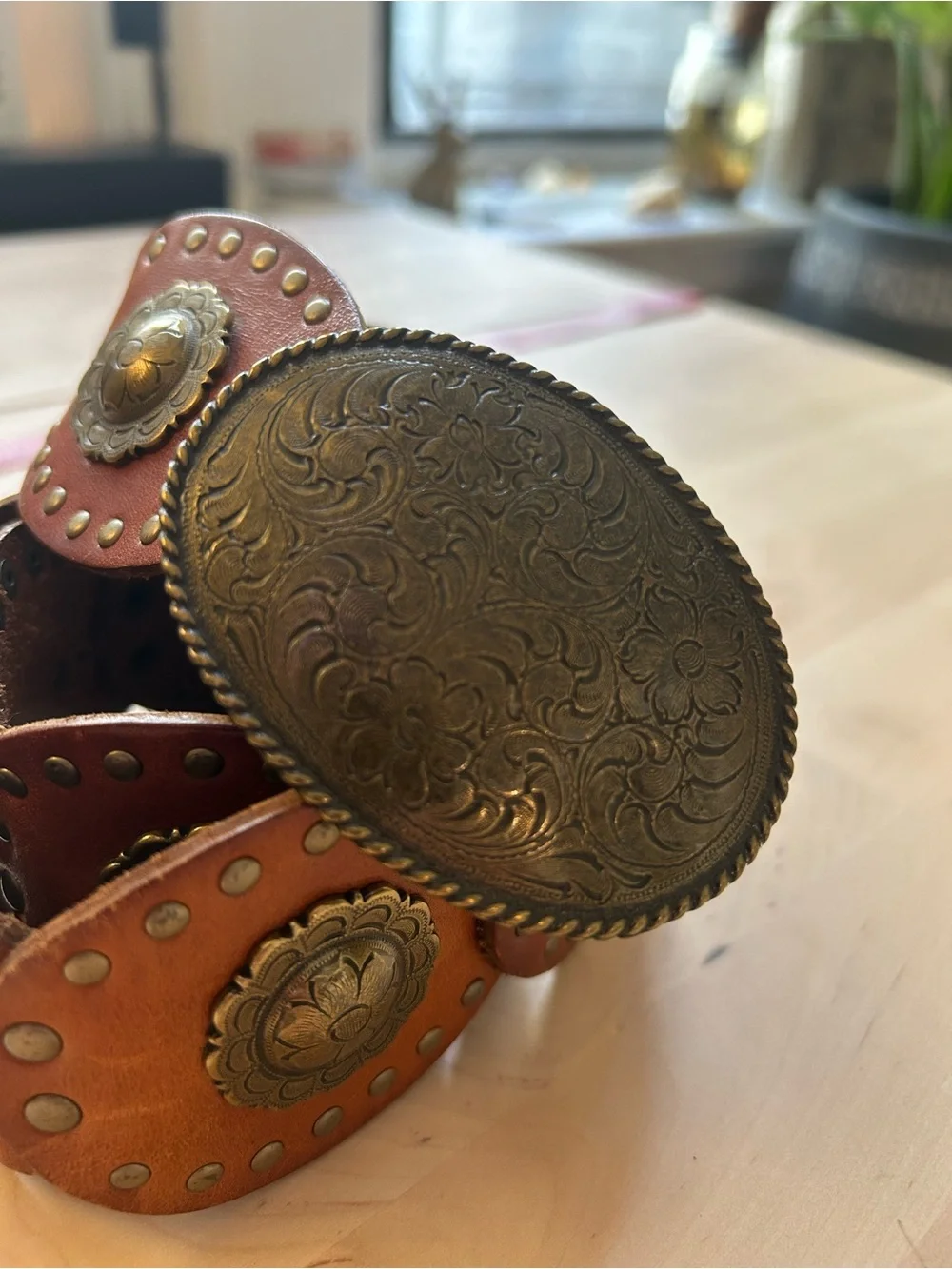 Brown Western Leather Belt with Buckle